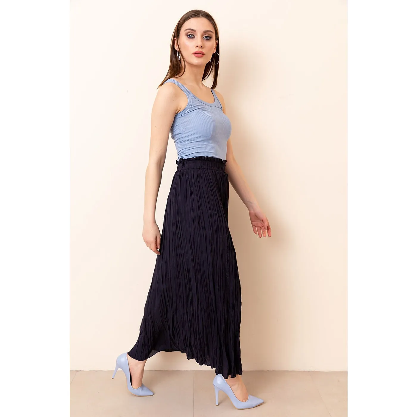 Navy Lined Chiffon Pleated Skirt