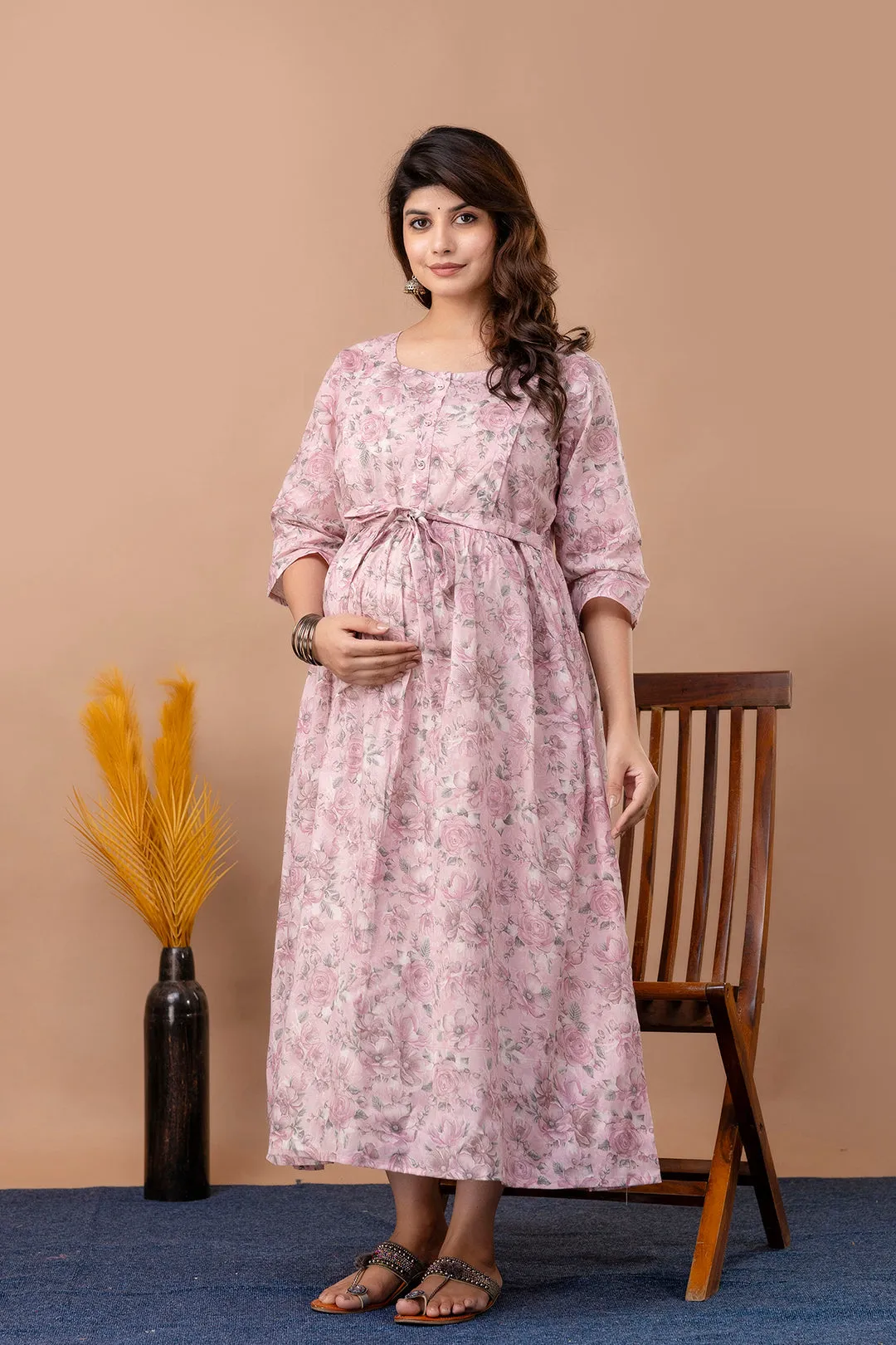 Pink Printed Maternity Dress For Women