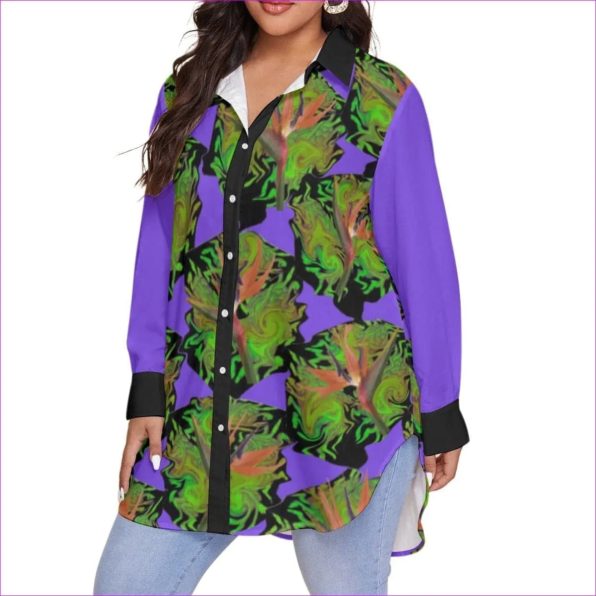 Psychedelic Paradise Womens Button-Up With Long Sleeve Voluptuous (Plus Size)