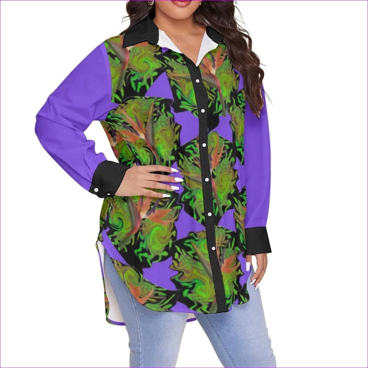 Psychedelic Paradise Womens Button-Up With Long Sleeve Voluptuous (Plus Size)