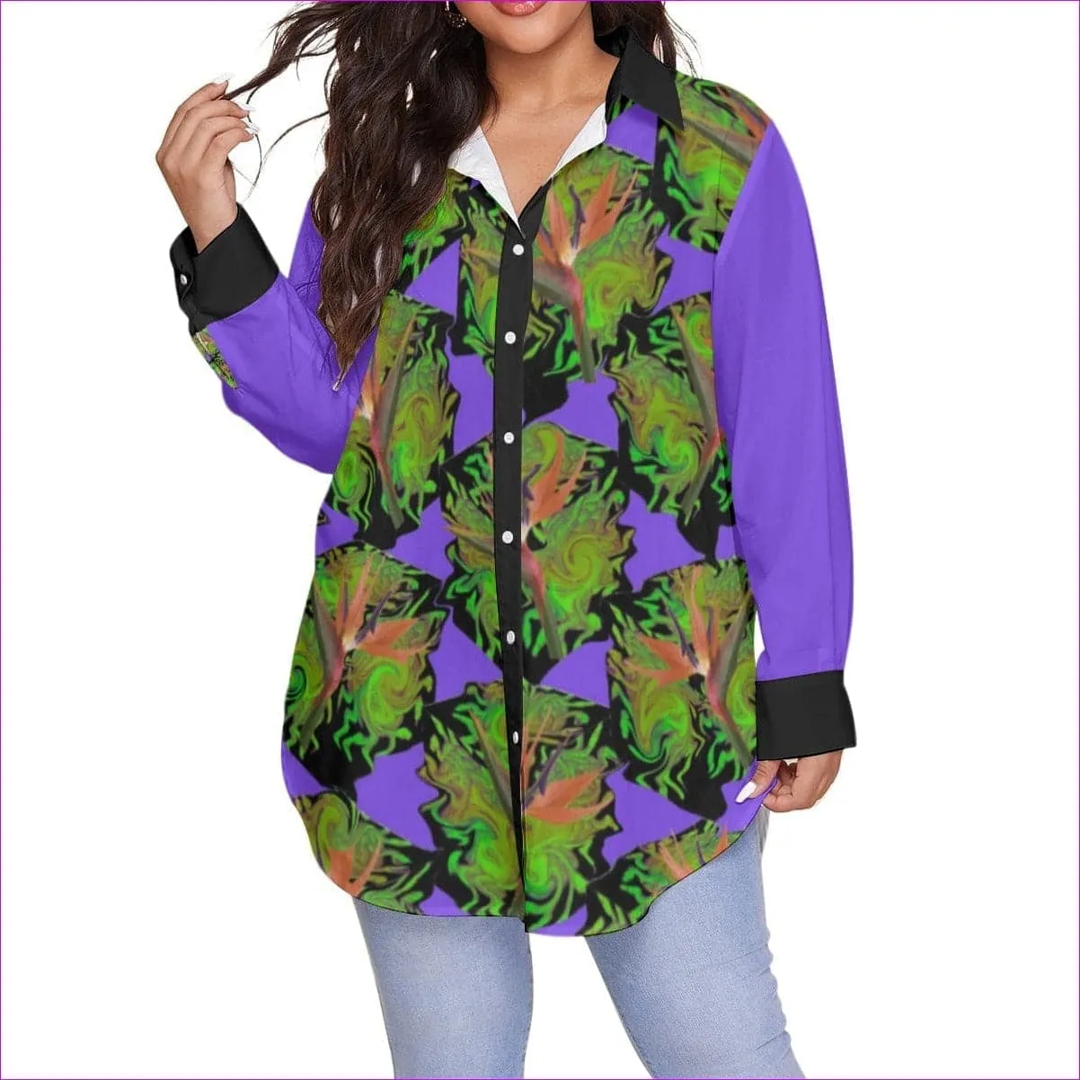 Psychedelic Paradise Womens Button-Up With Long Sleeve Voluptuous (Plus Size)