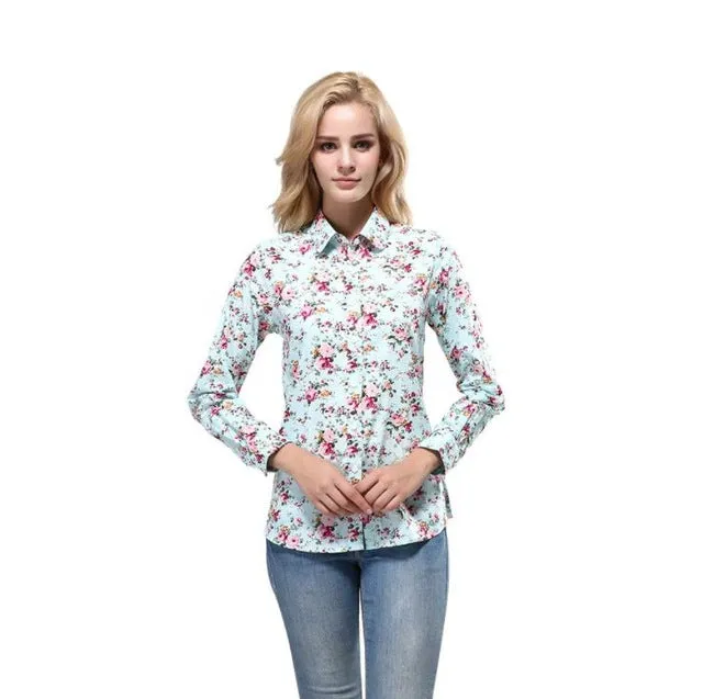 QIHUANG Fashion Brand Women Blouse Shirts 2017 Floral Cotton Turn-down Collar Shirts Plus Size Causal Long Sleeve Female Shirts