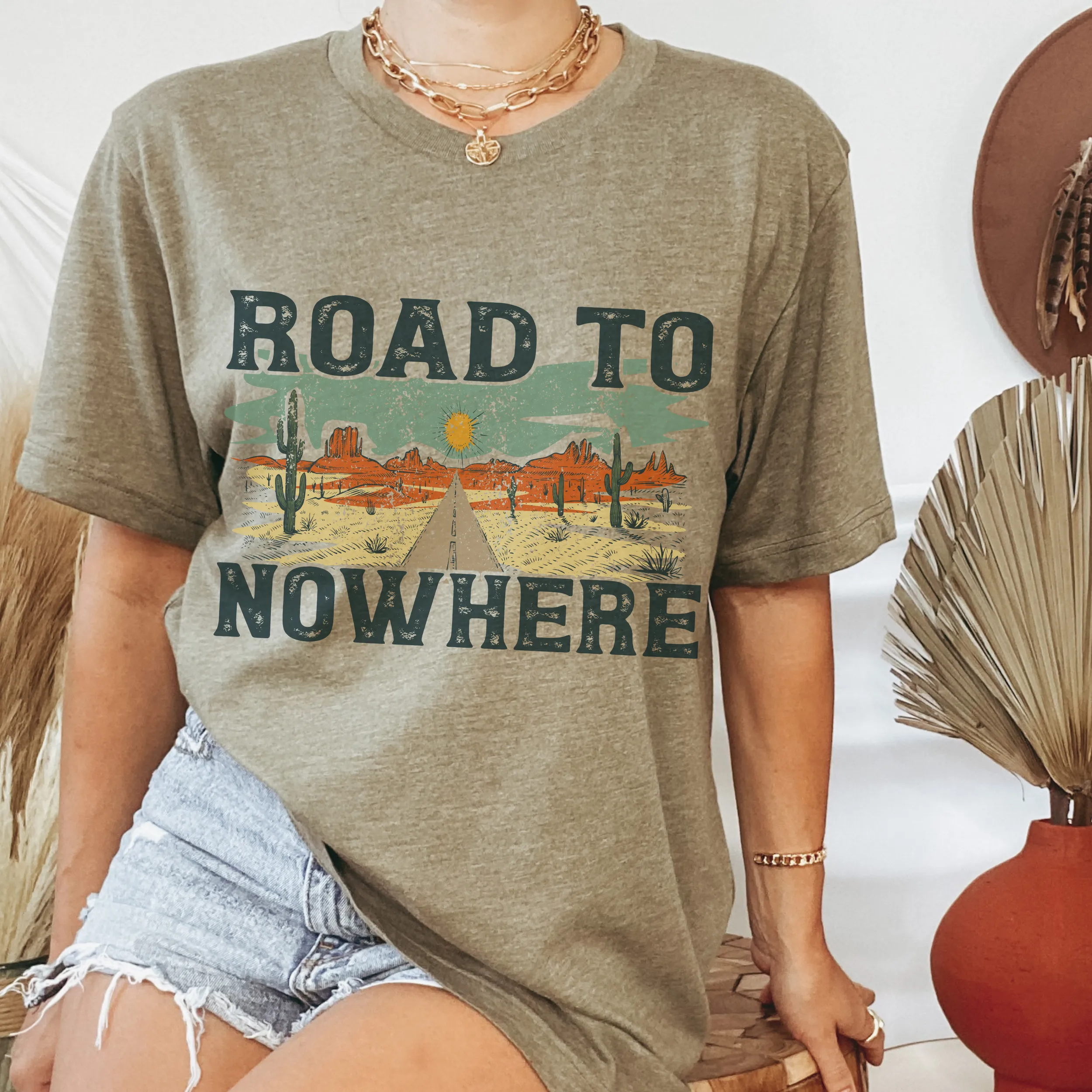 Road To Nowhere Bella Canvas® Unisex Jersey Short Sleeve Tee in Natural, White, Dark Heather or Heather Olive Desert Cactus T-Shirt