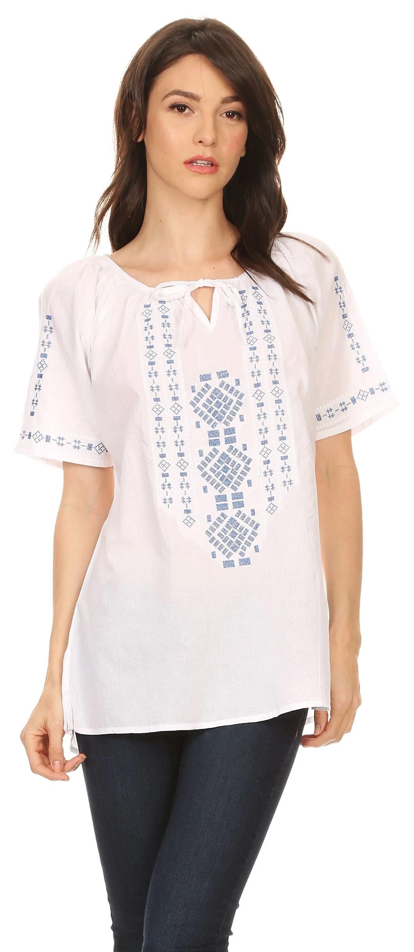 Sakkas Lena Cross Stitch Embroidered Short Sleeve  Casual Top Blouse