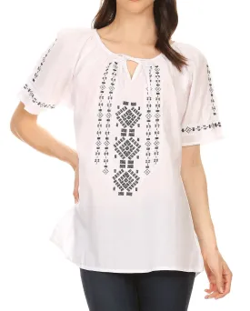 Sakkas Lena Cross Stitch Embroidered Short Sleeve  Casual Top Blouse