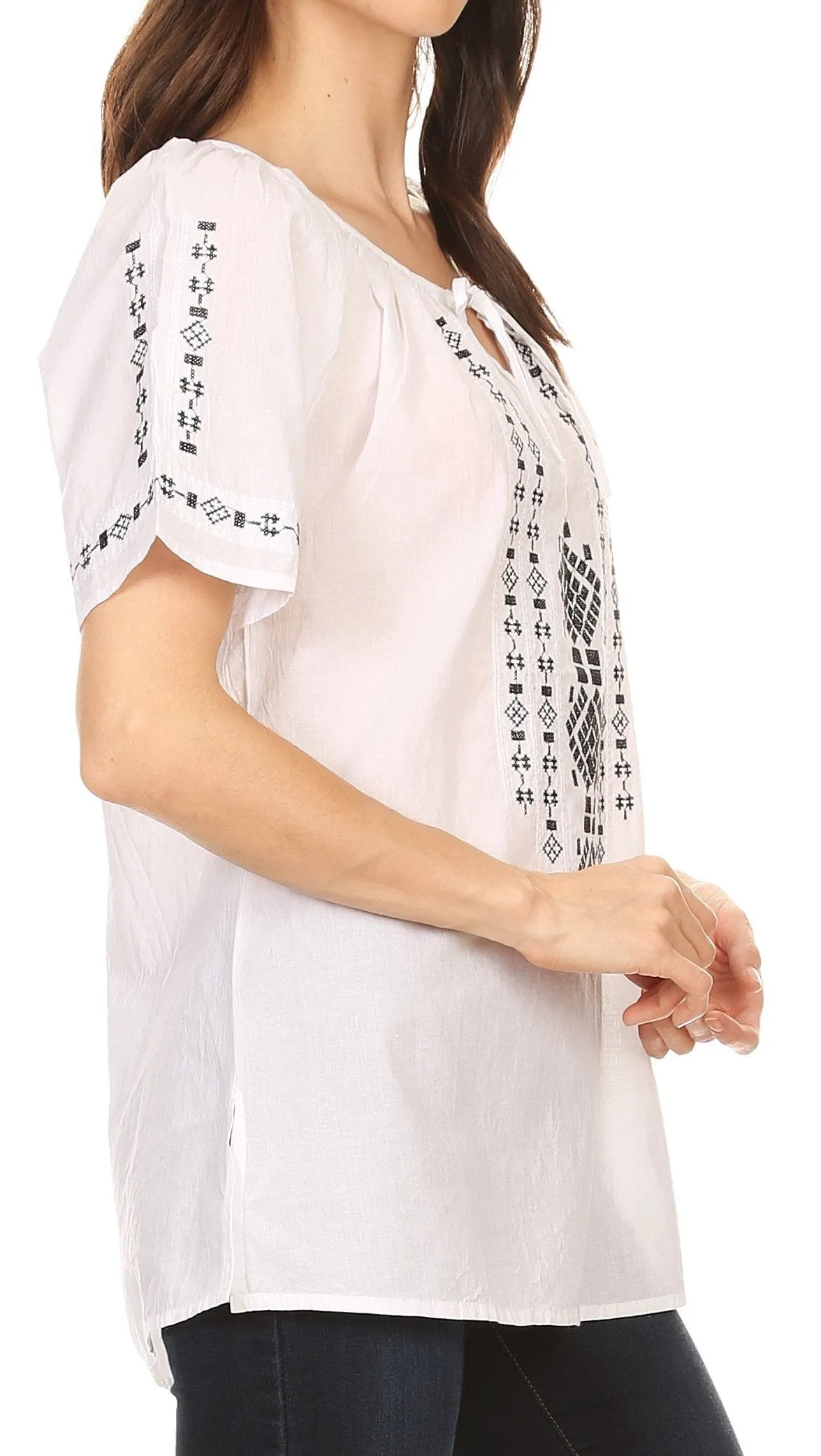 Sakkas Lena Cross Stitch Embroidered Short Sleeve  Casual Top Blouse