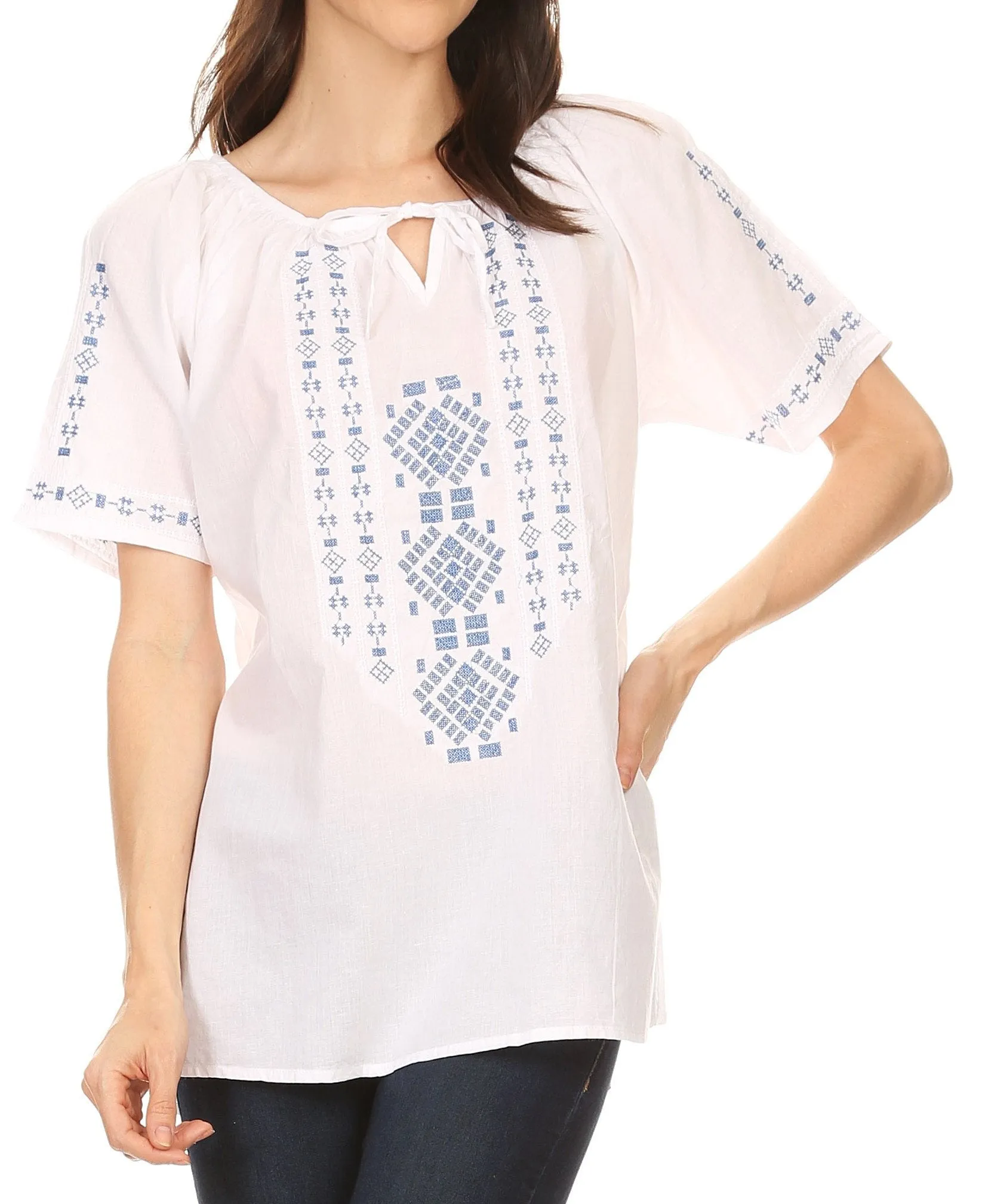 Sakkas Lena Cross Stitch Embroidered Short Sleeve  Casual Top Blouse