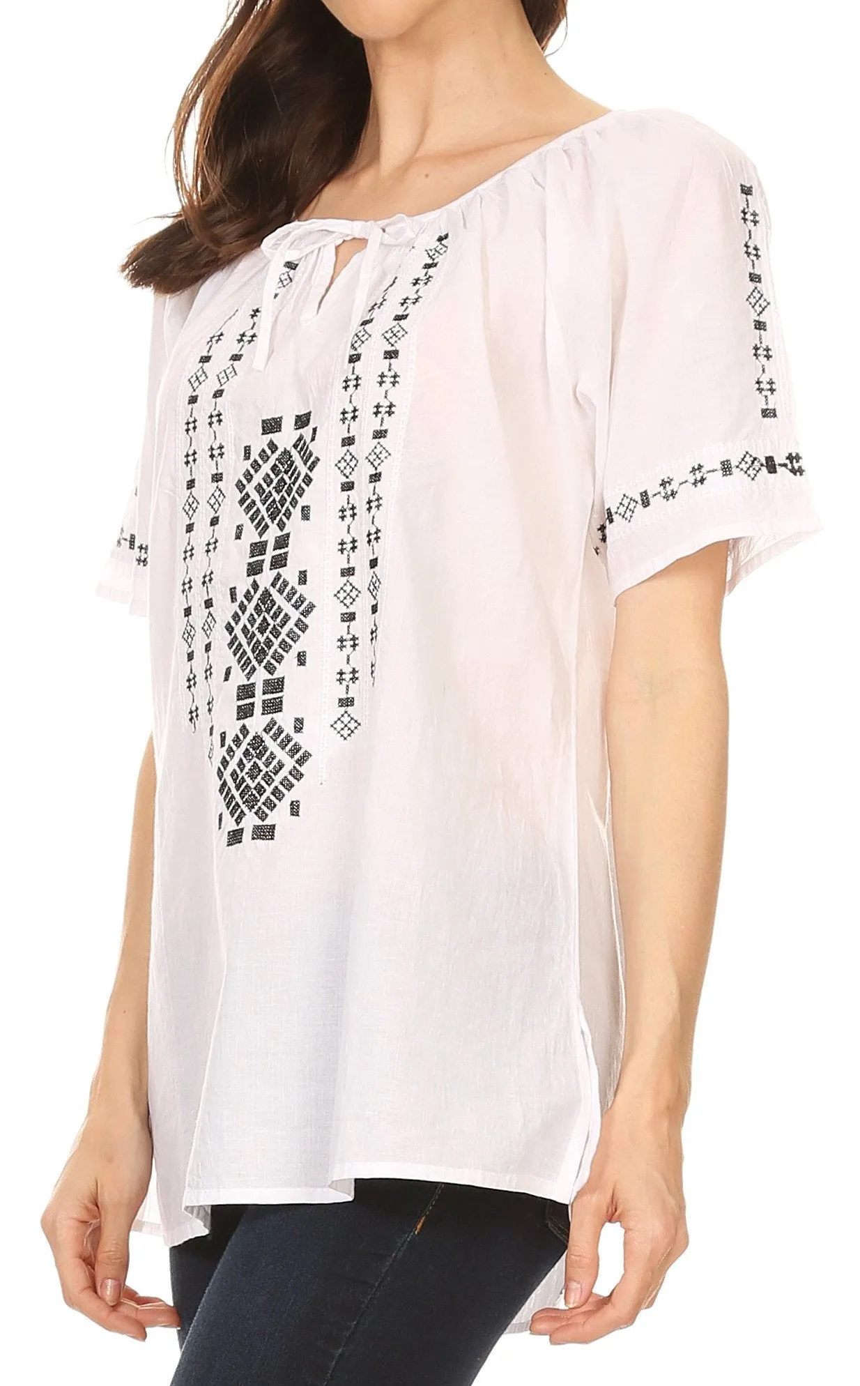 Sakkas Lena Cross Stitch Embroidered Short Sleeve  Casual Top Blouse