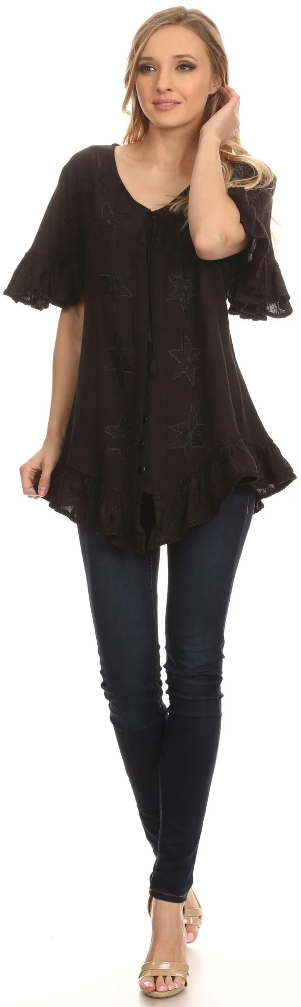 Sakkas Sayle Long Star Embroidered Blouse Shirt Top With Button Front And Ruffles