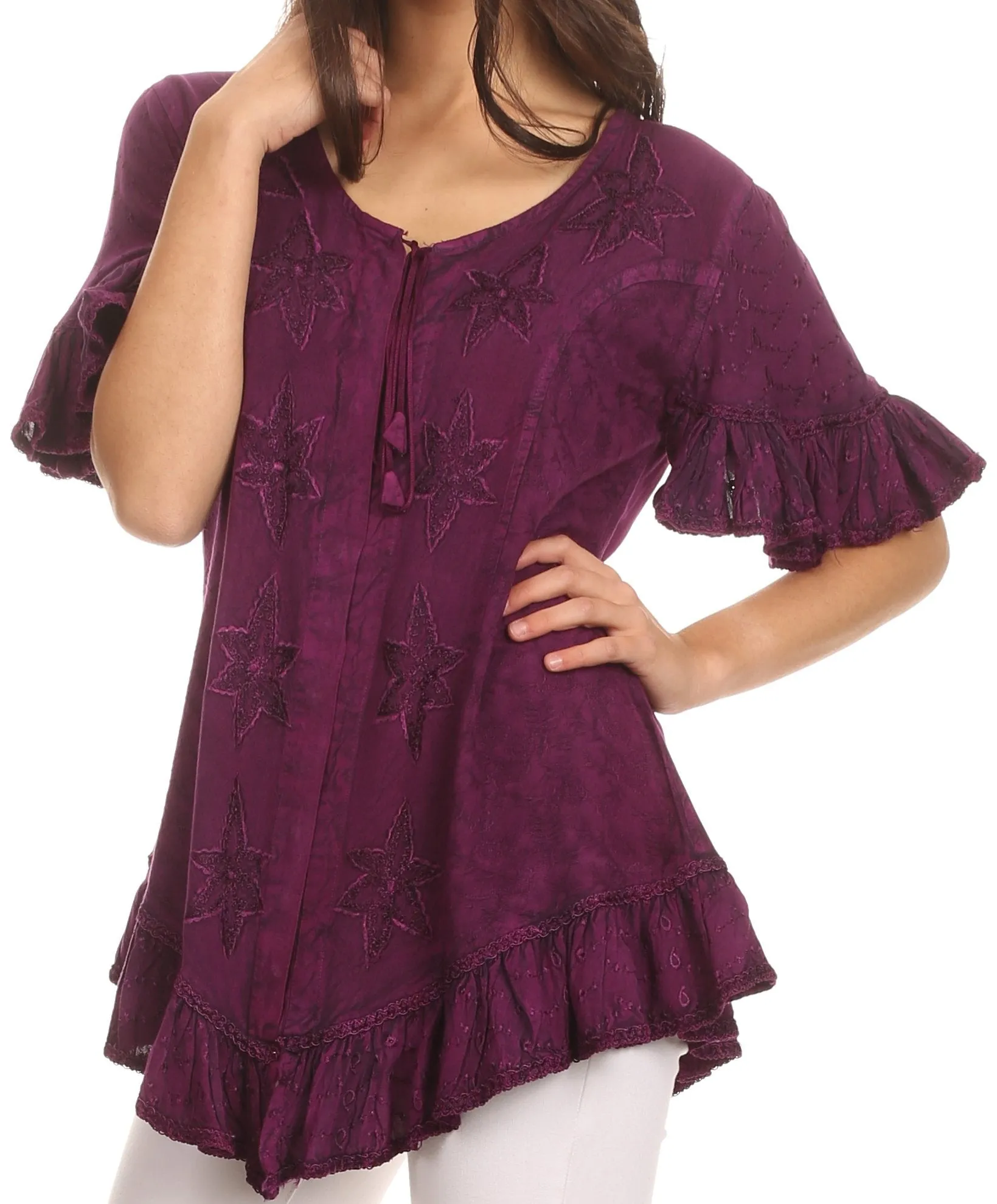 Sakkas Sayle Long Star Embroidered Blouse Shirt Top With Button Front And Ruffles