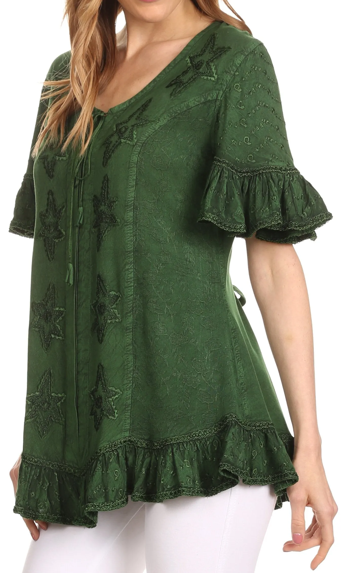 Sakkas Sayle Long Star Embroidered Blouse Shirt Top With Button Front And Ruffles