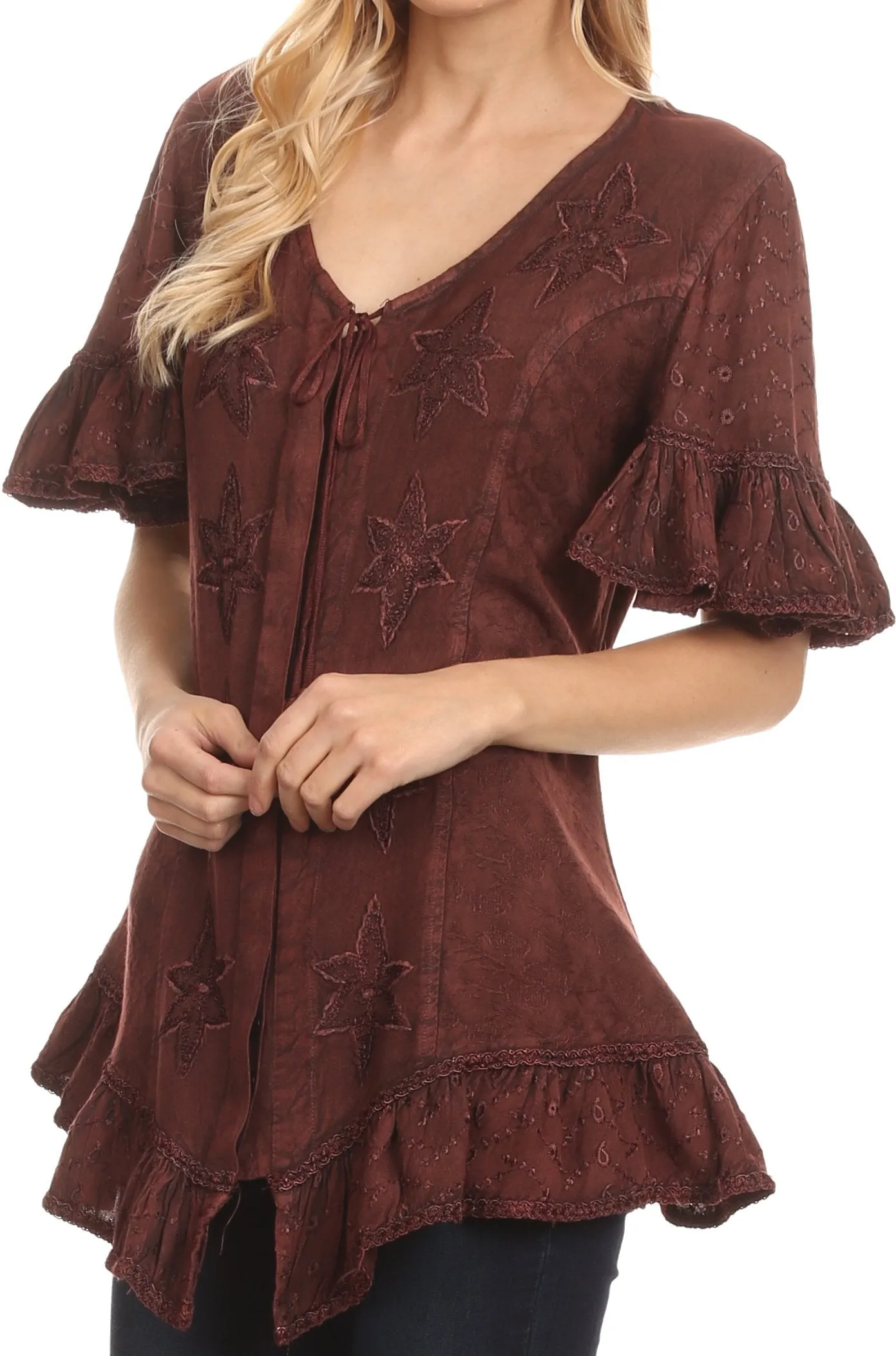 Sakkas Sayle Long Star Embroidered Blouse Shirt Top With Button Front And Ruffles