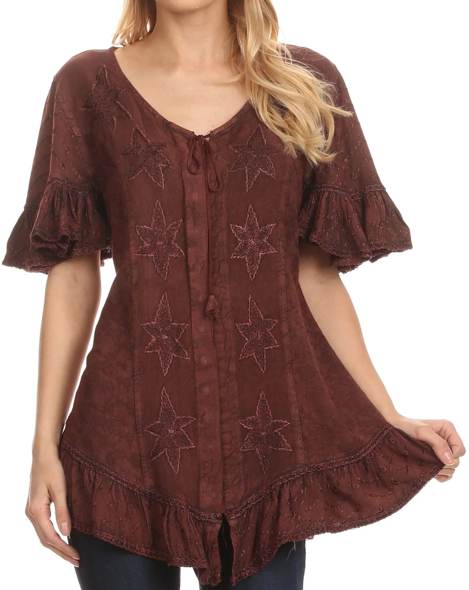 Sakkas Sayle Long Star Embroidered Blouse Shirt Top With Button Front And Ruffles