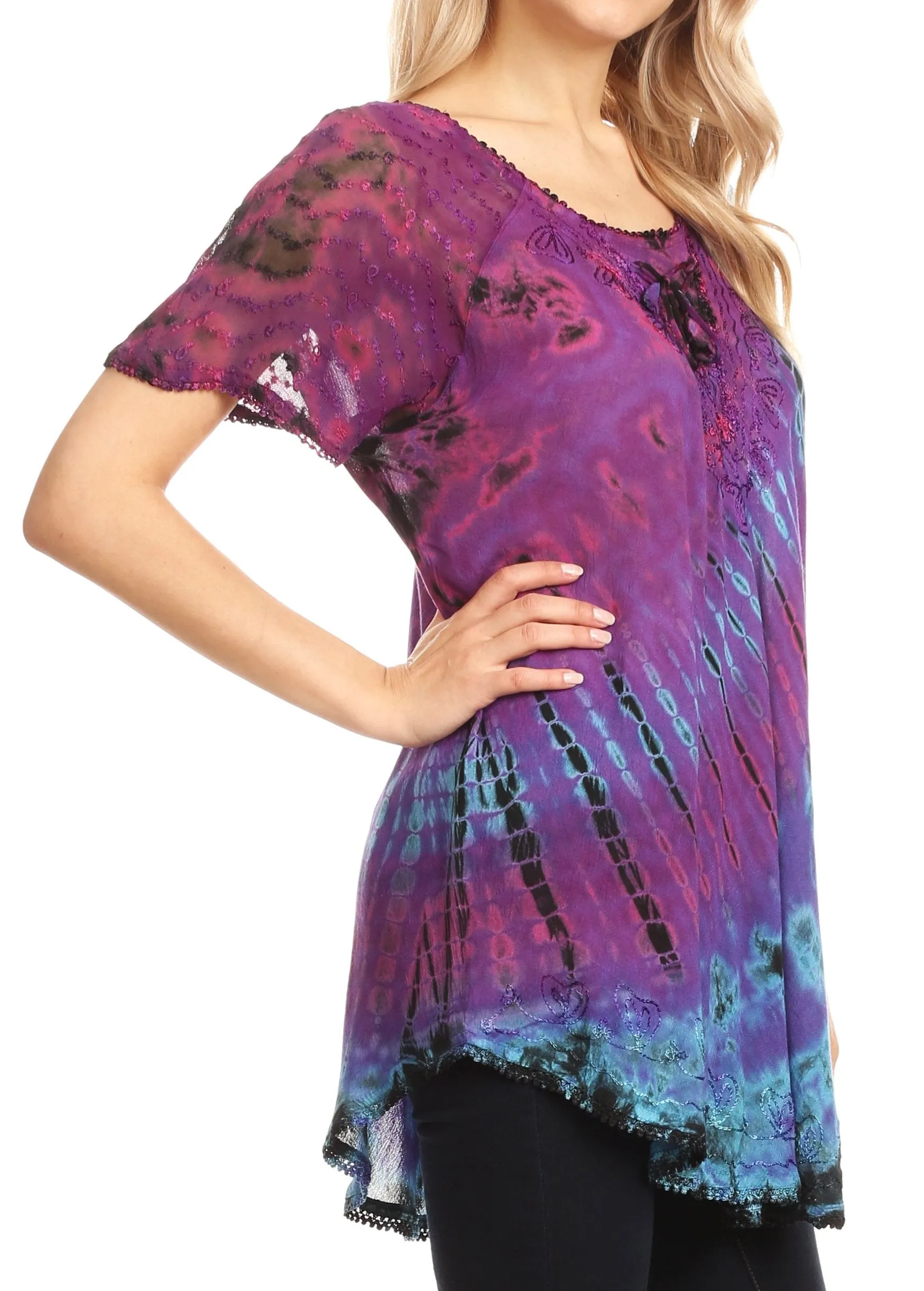 Sakkas Splenka Long Tie Dye Embroidered Corset Neck Cap Sleeve Blouse Shirt Top