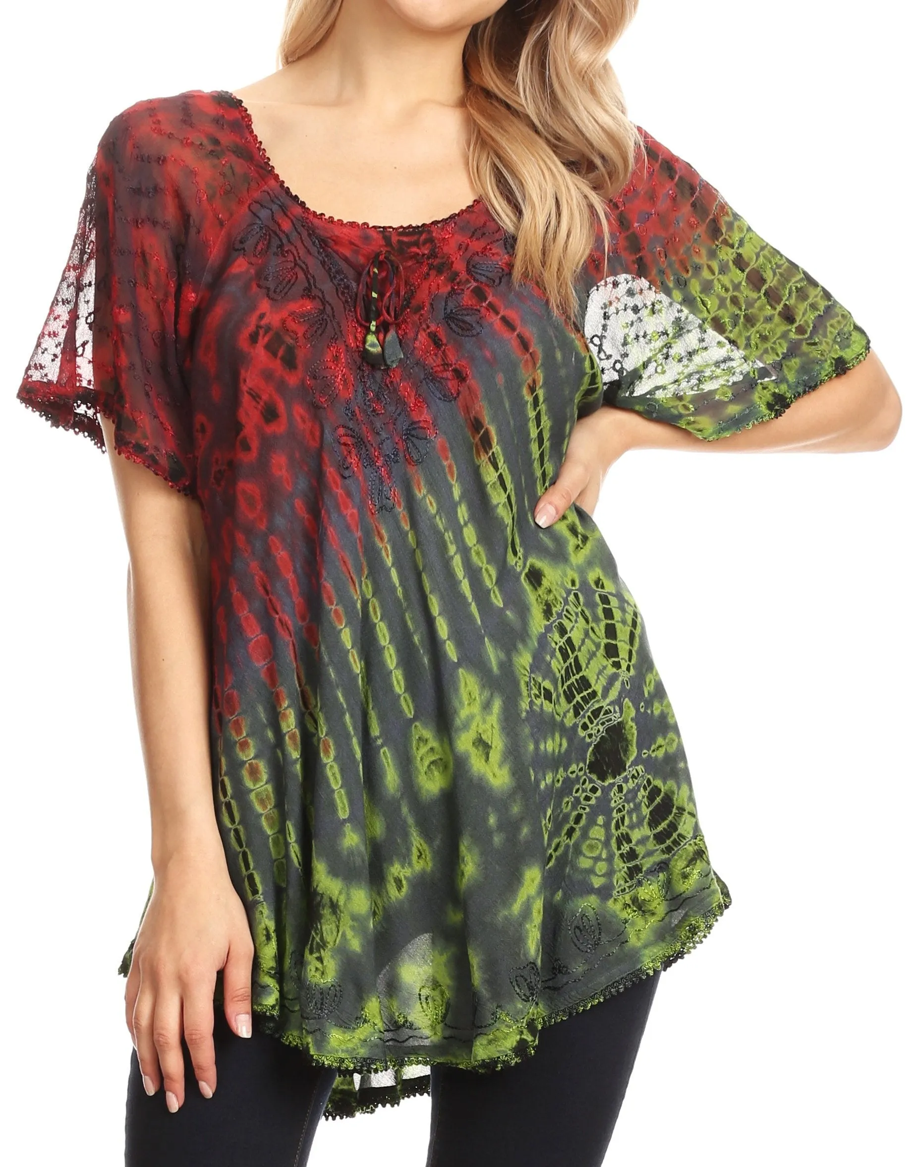 Sakkas Splenka Long Tie Dye Embroidered Corset Neck Cap Sleeve Blouse Shirt Top