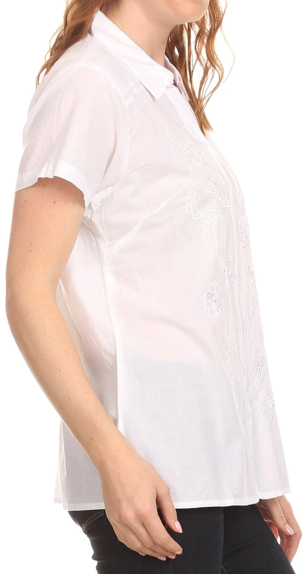 Sakkas Vinataey Long Floral Embroidered Short Sleeve Collar Button Down Shirt Top