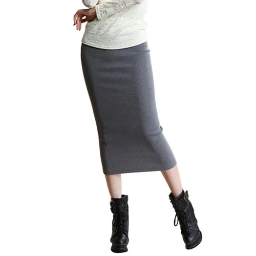 SIMPVALE Stretch Slim Step Skirt Women Sexy Pencil Office Package Hip Skirts Mid Waist Mid-Calf Solid Skirt Casual Lady Skirts