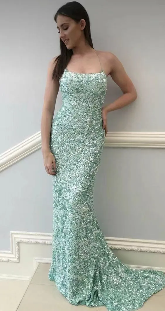 Sparkly Mint Sequin Mermaid Long Party Prom Dress for Women, Shiny Evening Dress UQP0060