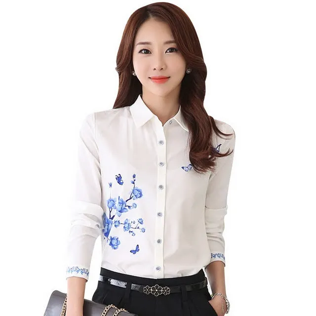 TLZC New Style Lady White Shirts Formal Work Blouse Size S-3XL Korean Women Printed Shirts Chiffon Blouse Slim Fit Lady Shirts