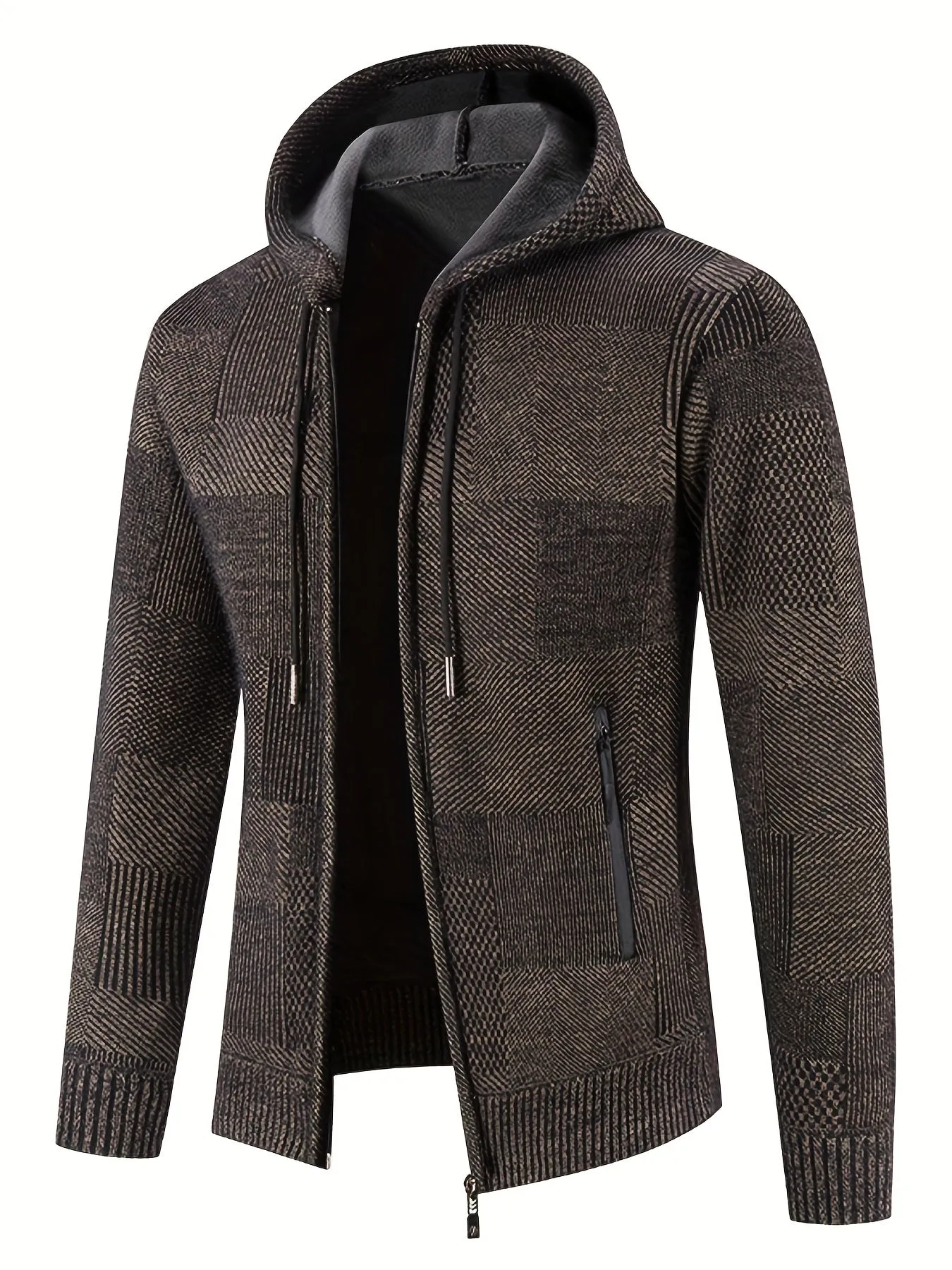 Winter Casuals: Sherpa-Lined Plaid Hooded Jacket | Durable & Stretch Knit Cardigan with Pockets for Men