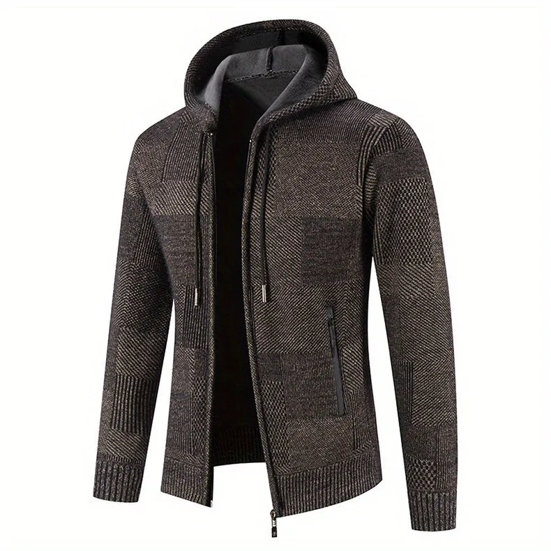 Winter Casuals: Sherpa-Lined Plaid Hooded Jacket | Durable & Stretch Knit Cardigan with Pockets for Men