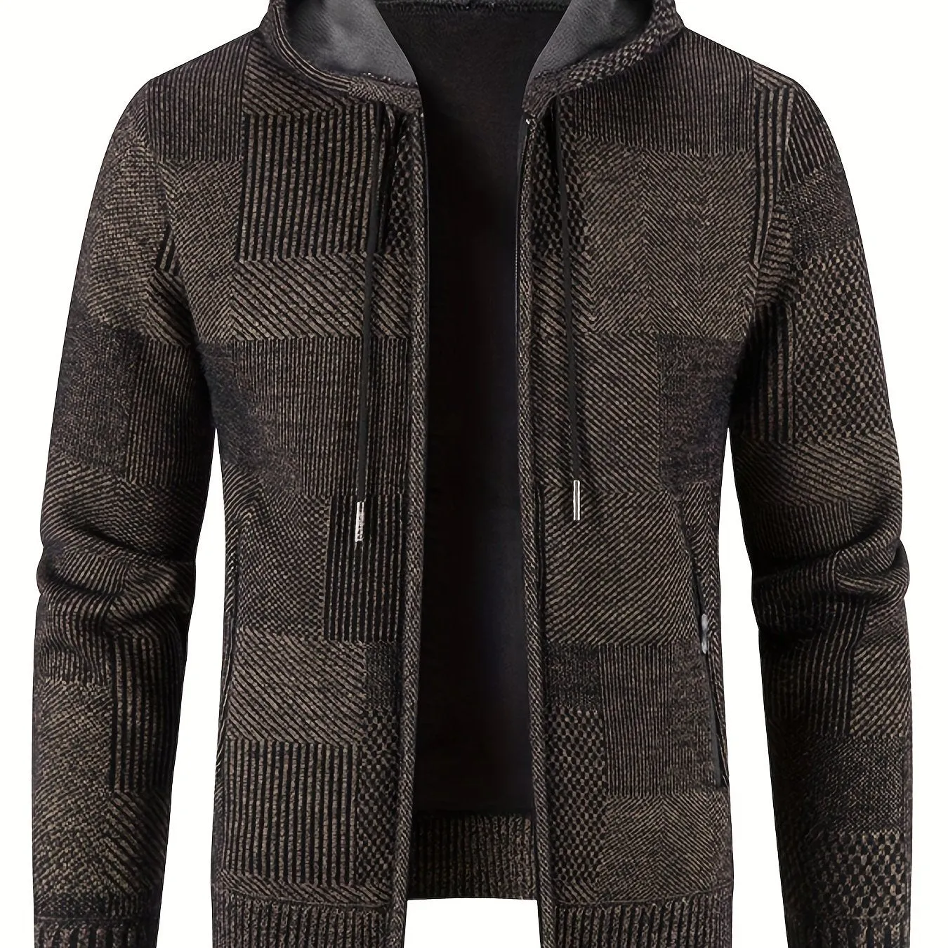 Winter Casuals: Sherpa-Lined Plaid Hooded Jacket | Durable & Stretch Knit Cardigan with Pockets for Men