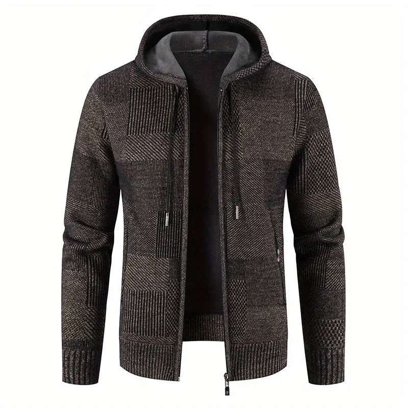 Winter Casuals: Sherpa-Lined Plaid Hooded Jacket | Durable & Stretch Knit Cardigan with Pockets for Men