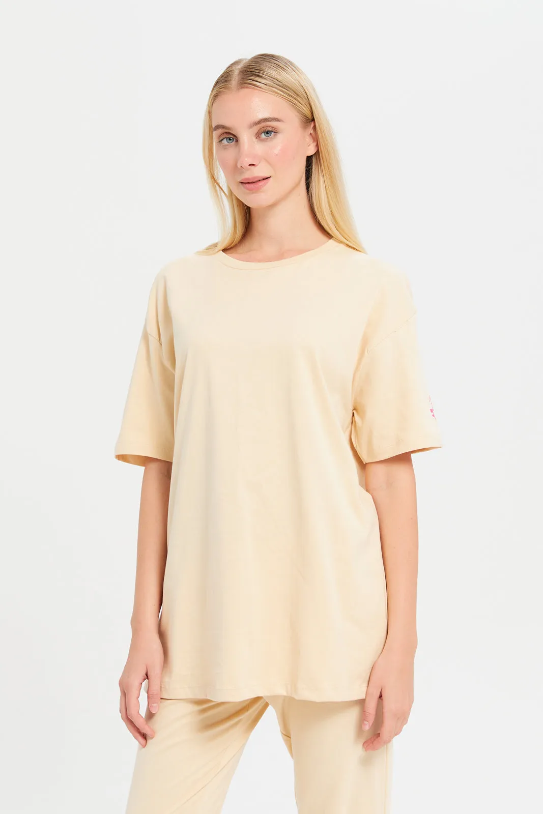 Women Apricot Oversize Printed T-Shirt