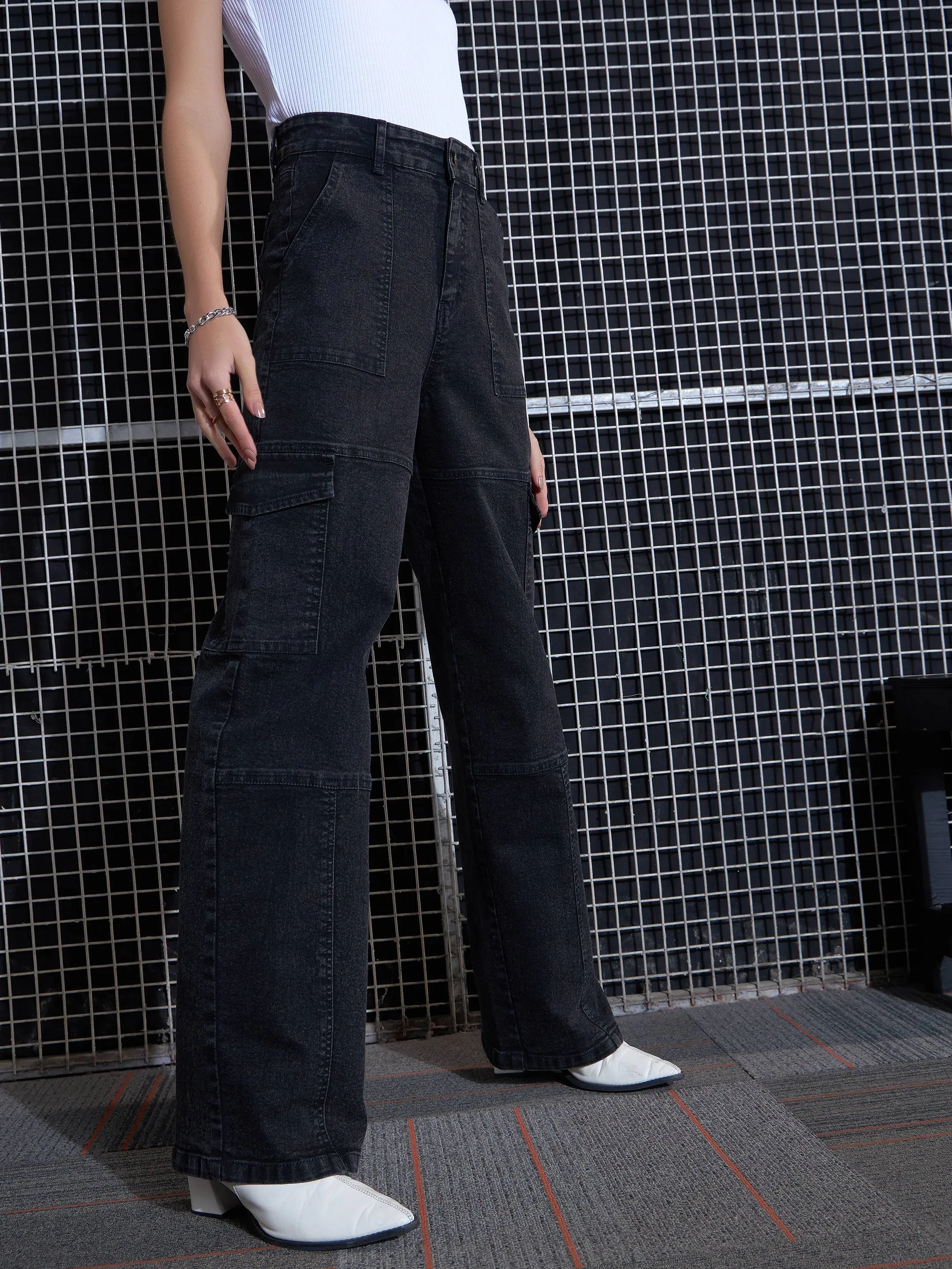 Women Black Acid Wash Contrast Stitch Cargo Straight Jeans