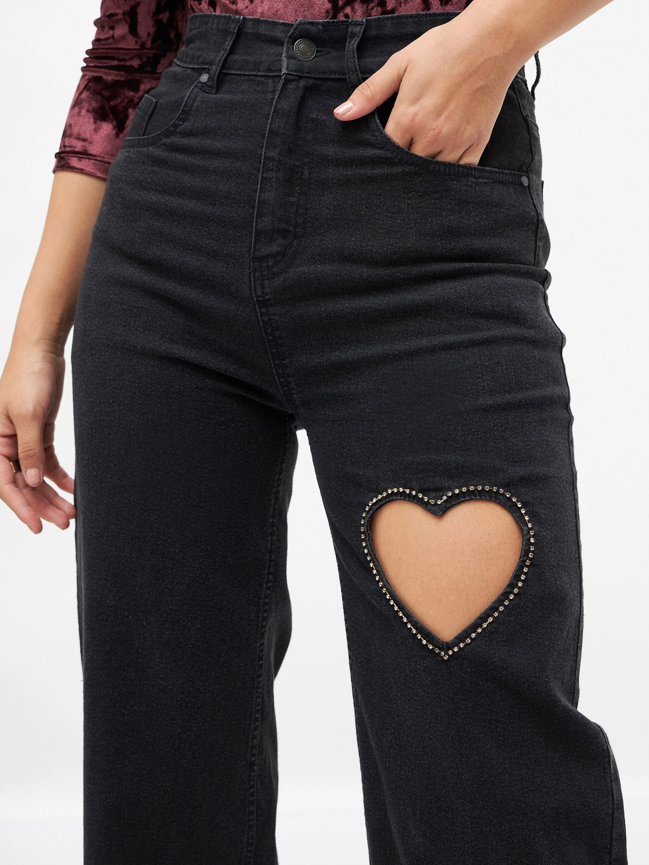 Women Black Crystal Heart Straight Fit Jeans