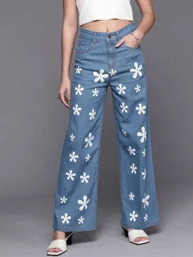 Women Blue Floral Print Straight Jeans