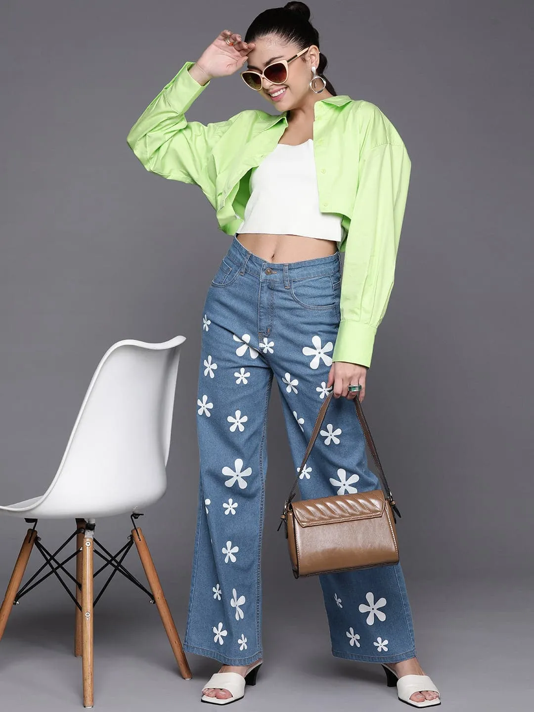 Women Blue Floral Print Straight Jeans