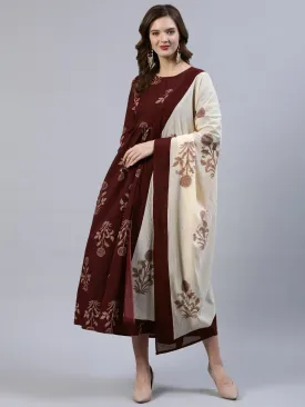 Women  Brown Printed Dress With Dupatta