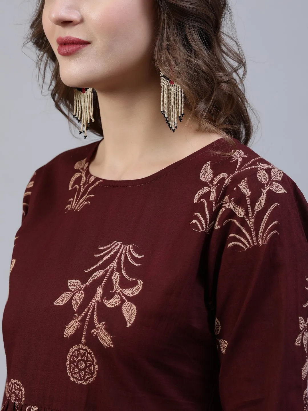 Women  Brown Printed Dress With Dupatta