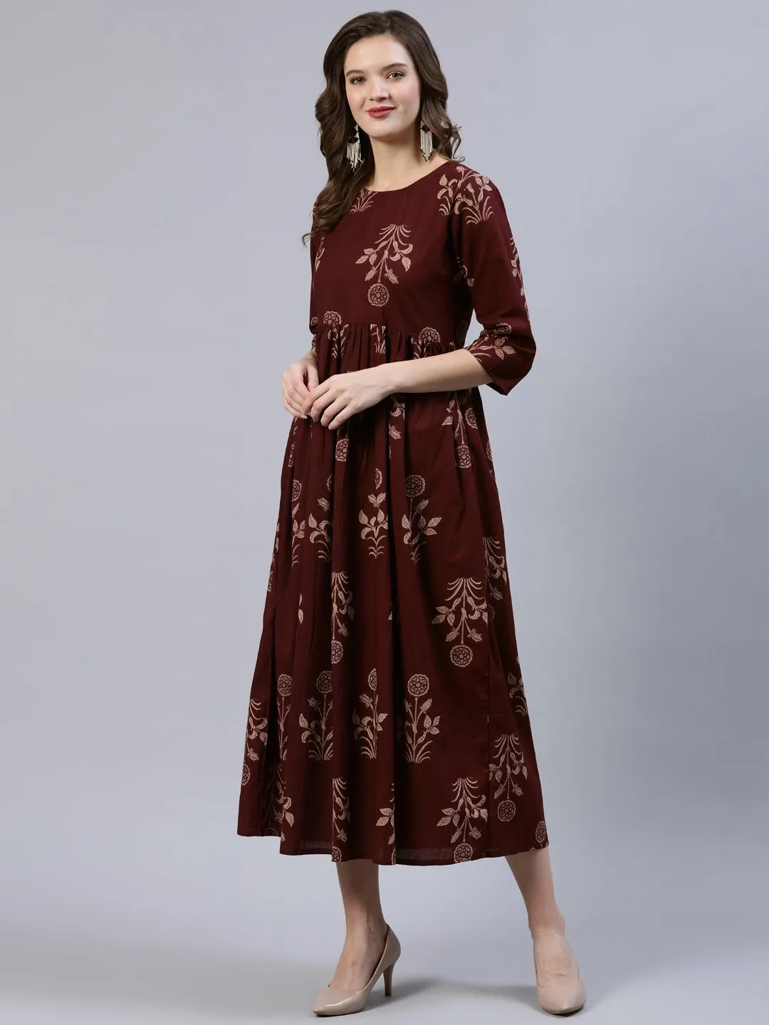 Women  Brown Printed Dress With Dupatta