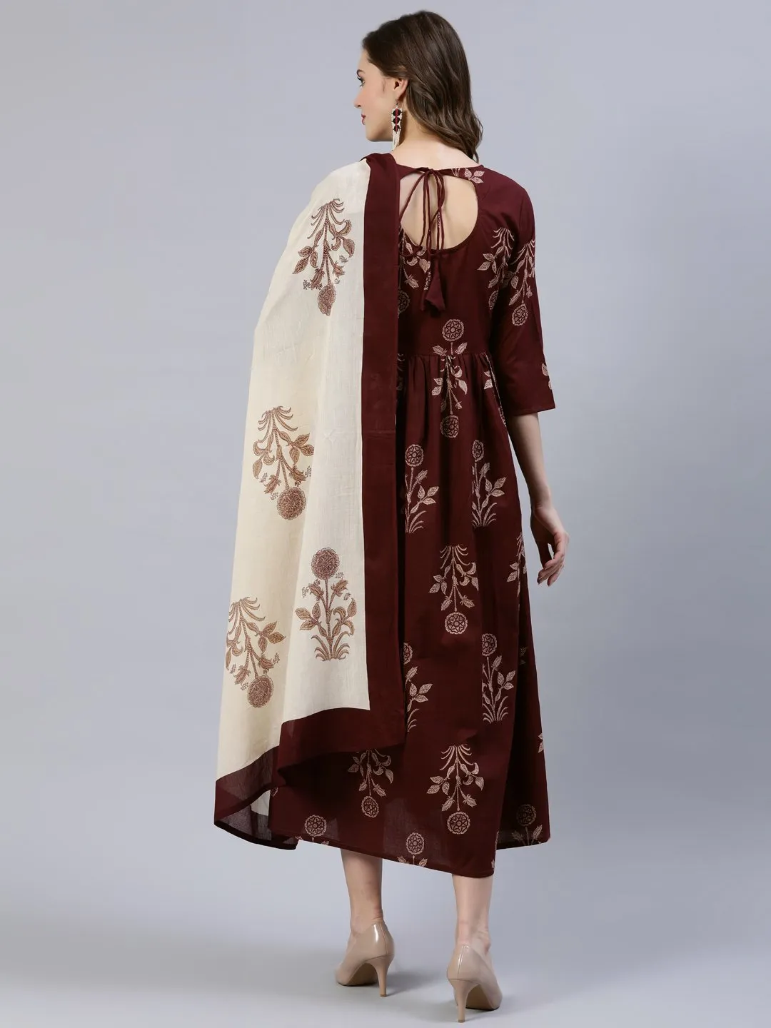 Women  Brown Printed Dress With Dupatta