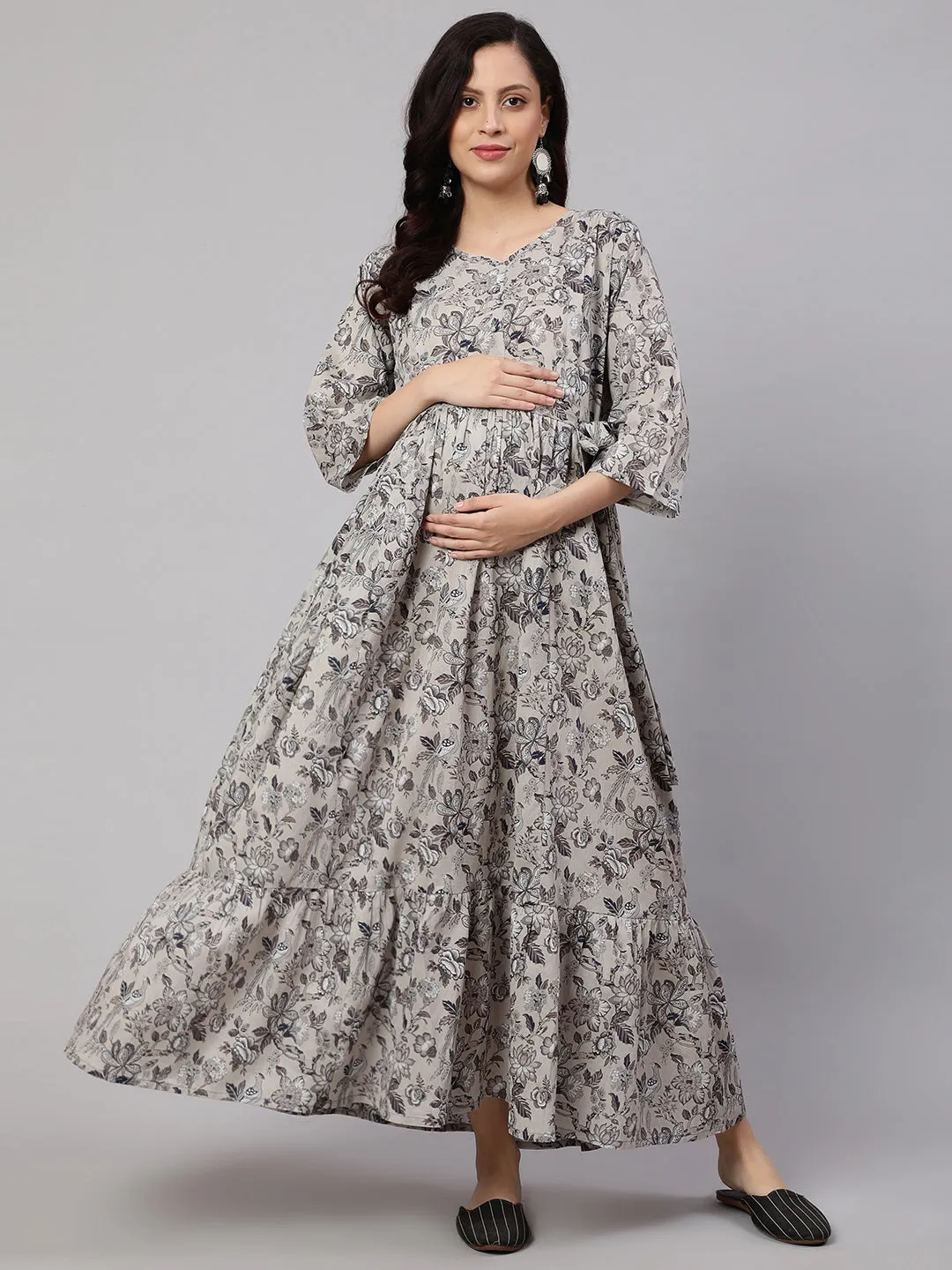 Women Grey Printed Flared Maternity Dress