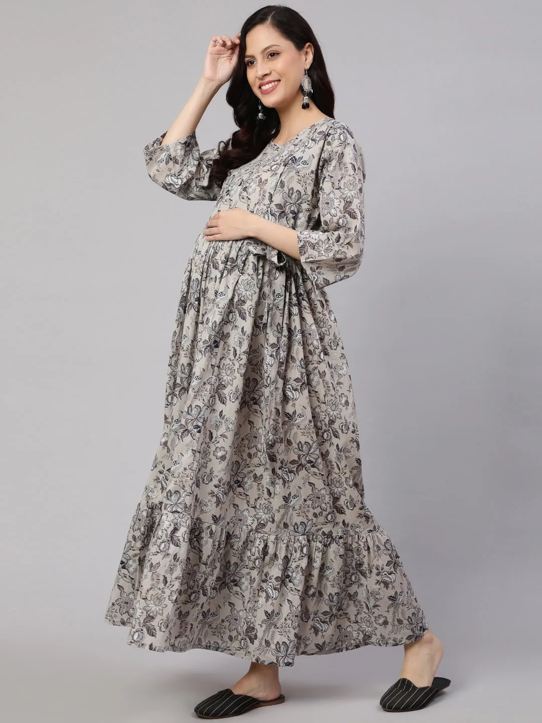 Women Grey Printed Flared Maternity Dress