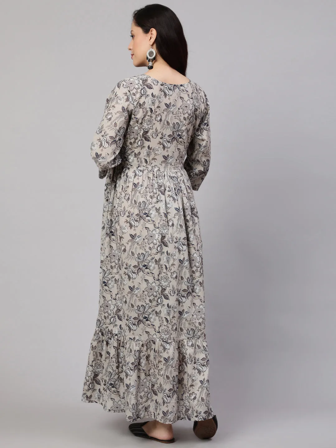 Women Grey Printed Flared Maternity Dress