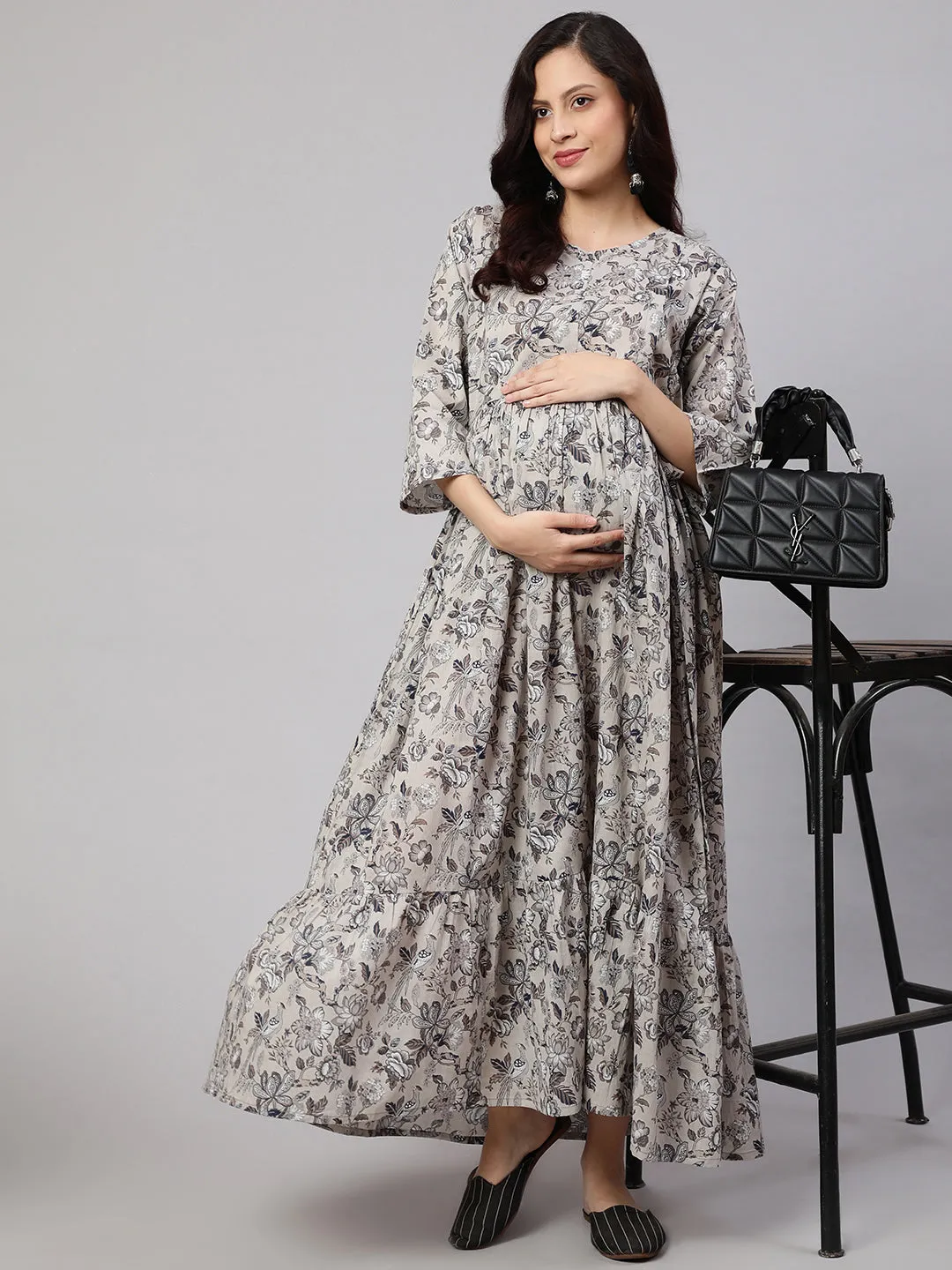 Women Grey Printed Flared Maternity Dress