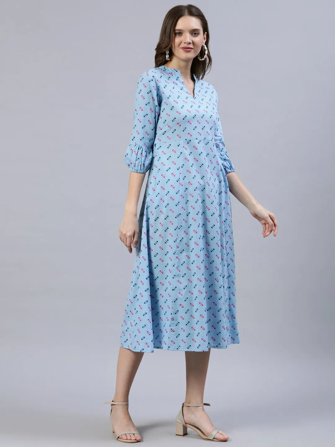 Women Light Blue Dress With Three Quarter Detailed Sleeves