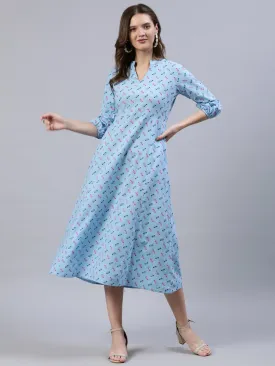 Women Light Blue Dress With Three Quarter Detailed Sleeves