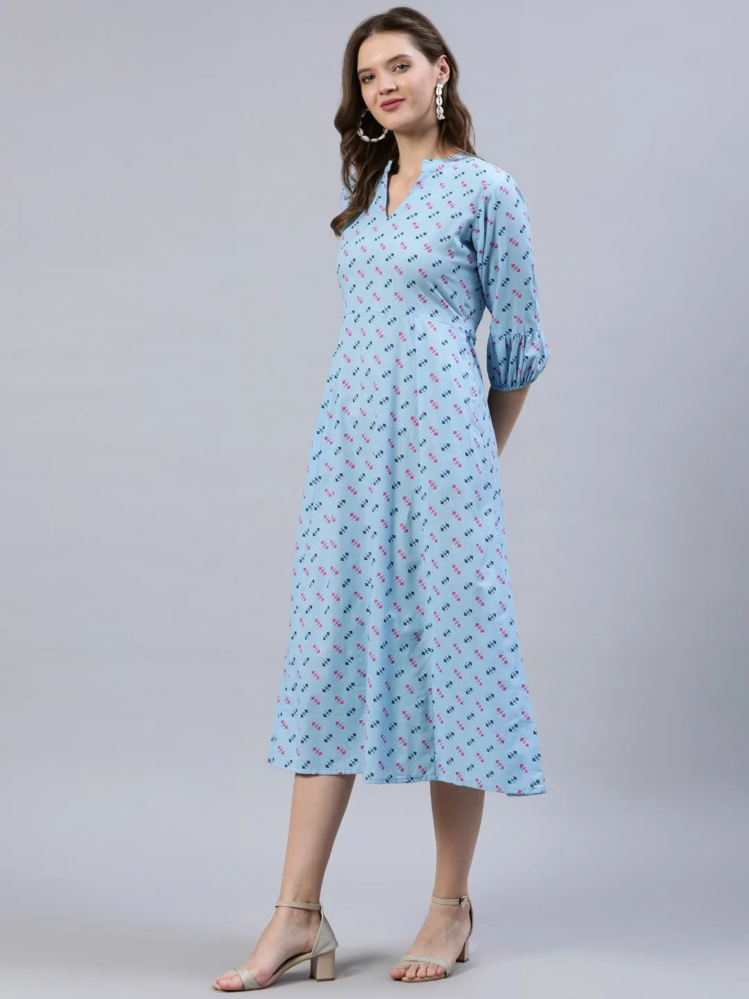 Women Light Blue Dress With Three Quarter Detailed Sleeves