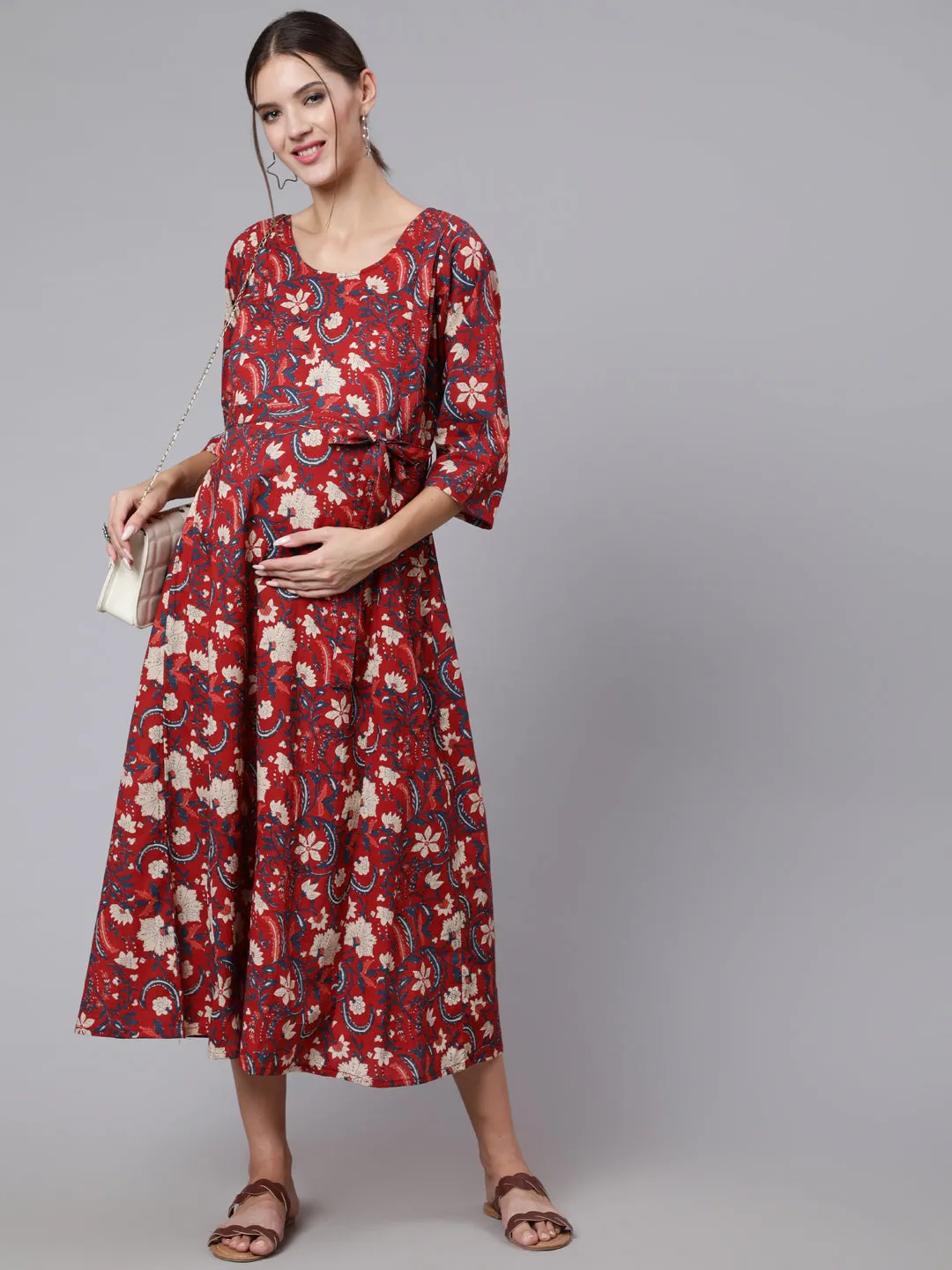 Women Maroon Ethinc Printed Flared Maternity Dress