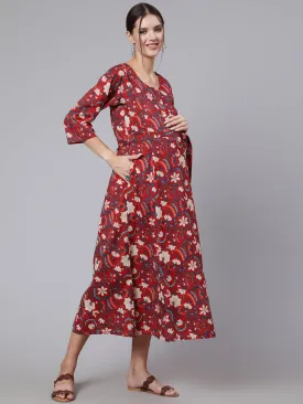 Women Maroon Ethinc Printed Flared Maternity Dress