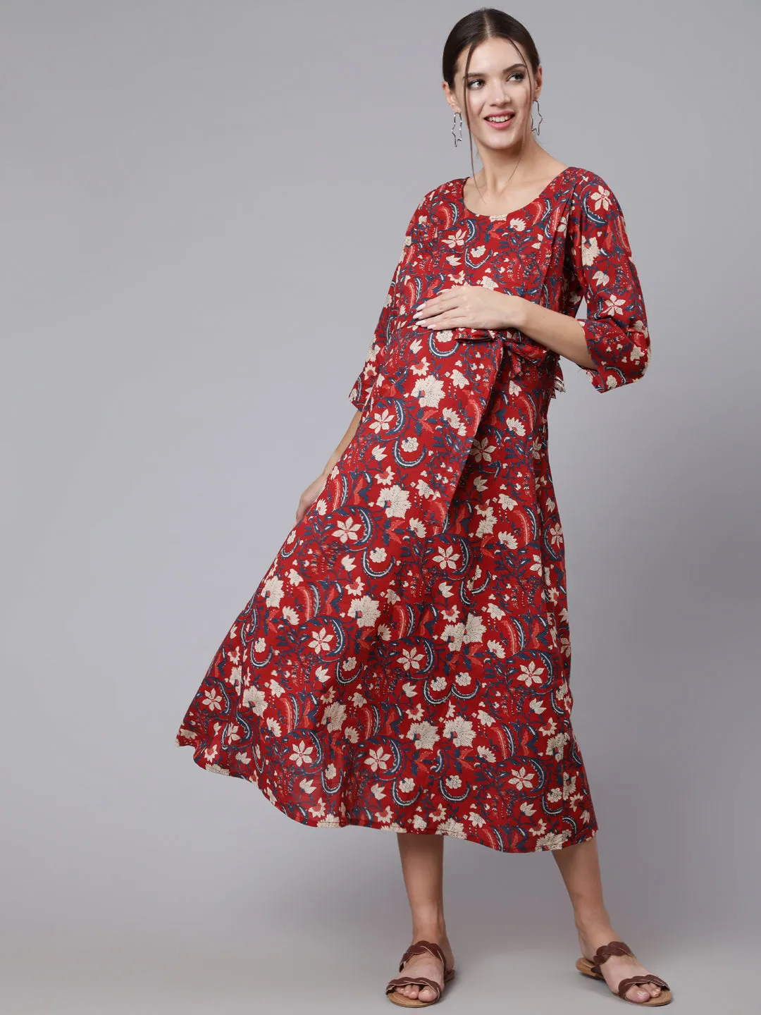 Women Maroon Ethinc Printed Flared Maternity Dress