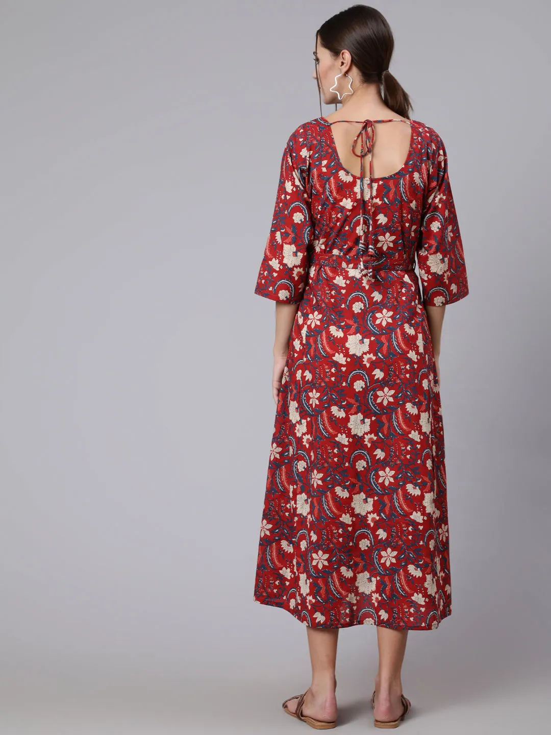 Women Maroon Ethinc Printed Flared Maternity Dress