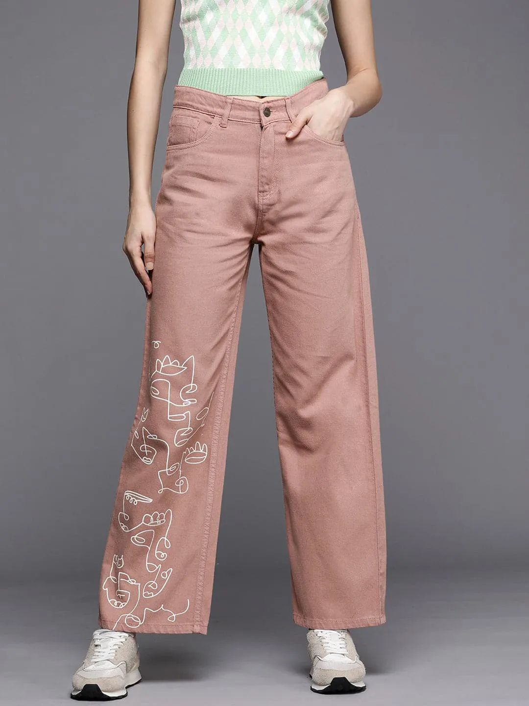 Women Peach Line Art Print Straight Jeans