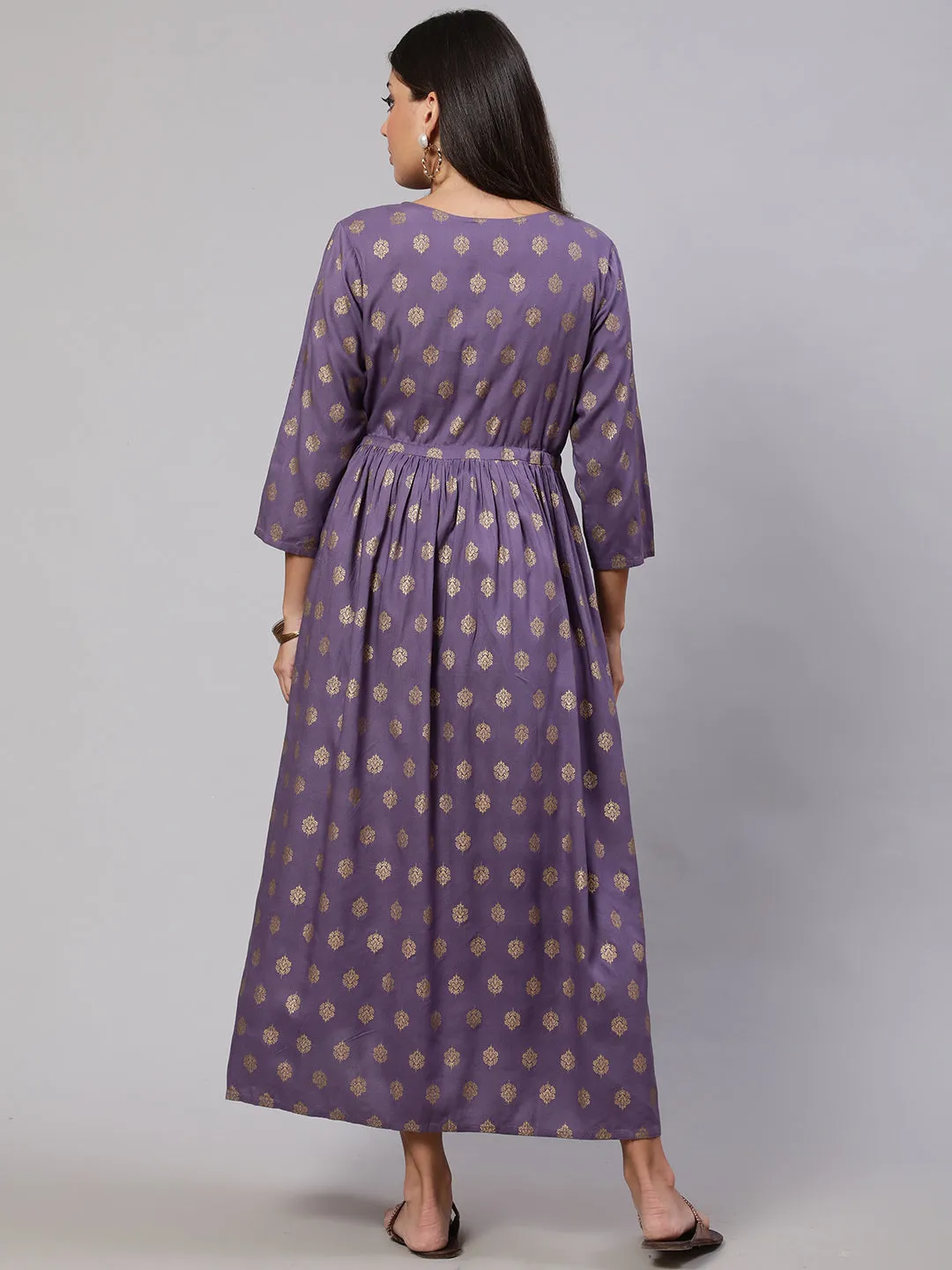 Women Purple Printed Flared Maternity Dress