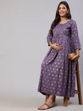 Women Purple Printed Flared Maternity Dress